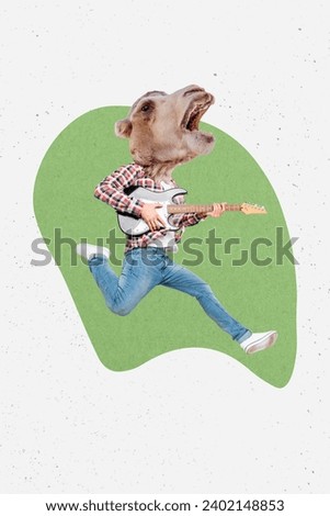 Vertical collage creative poster headless absurd funny caricature camel jump play electric guitar rock mask green blotch white background