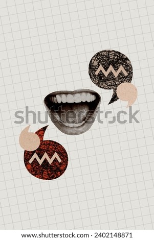 Vertical creative collage image retro vintage effect scream open mouth shame insult negative chat cyberbully bubble cell background Royalty-Free Stock Photo #2402148871