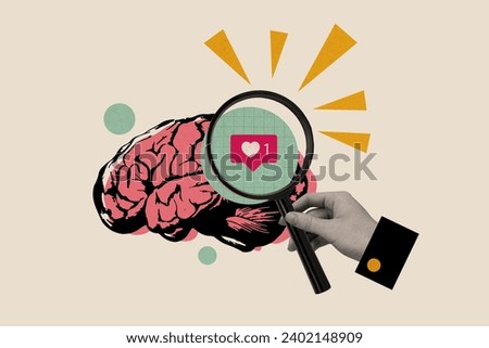 Creative collage picture illustration arm hold magnifier zoom search info unusual exclusive draw pink brain idea like reaction positive