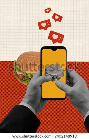 Vertical creative collage picture vintage effect photo unhealthy burger dinner calories like popular post social media banner Royalty-Free Stock Photo #2402148913