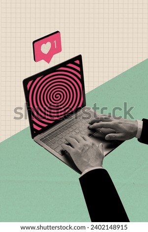 Vertical creative collage picture retro filter hands type write text like hypnotized work freelance unusual template turquoise background