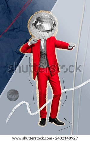 Creative vertical illustration banner poster retro headless dancing man red retro suit discoball instead face party dancehall celebrate Royalty-Free Stock Photo #2402148929