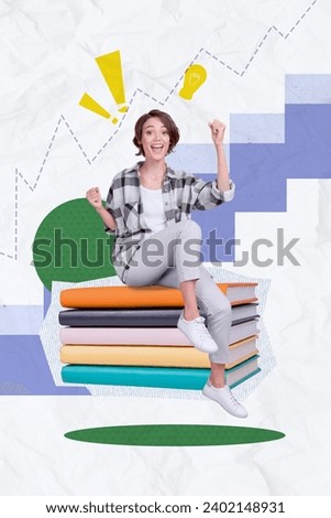 Vertical creative collage picture poster cheerful excited young girl student sitting stack book exclamation mark above light bulb