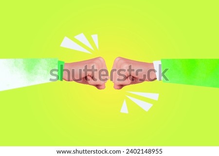 Creative composite abstract illustration 3d photo collage of two fists bump together gesture isolated bright yellow color background Royalty-Free Stock Photo #2402148955