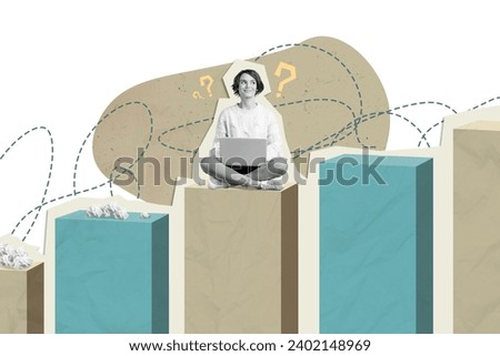Collage creative picture black white young female sitting columns laptop think ideas question mark networking drawing background