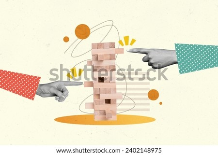 Image collage banner of game for intelligent people risky game competition strategy to build wooden jenga isolated on beige background Royalty-Free Stock Photo #2402148975