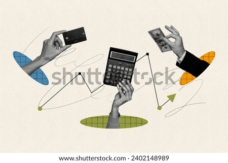 Horizontal creative collage of three people hand hold credit card calculator banknote concept of finance system on drawing background
