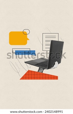 Vertical creative retro photo collage of hand hold laptop netbook with message notification text bubble online dialogue on beige background