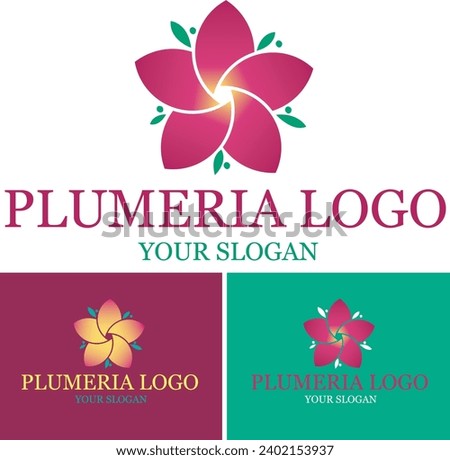 Plumeria Flower Logo Design Hawaii Shine Floral brightness Leaf Pink Magent Green Fucsia Five Petals gradient Royalty-Free Stock Photo #2402153937