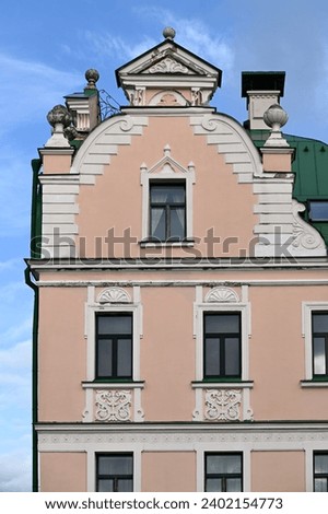 House facade in old town of Vyborg, Russia Royalty-Free Stock Photo #2402154773