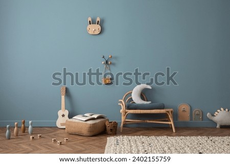 Stylish kid room interior with copy space, toys, teddys, guitar , rattan bench, decoration and personal accessories . Home decor.