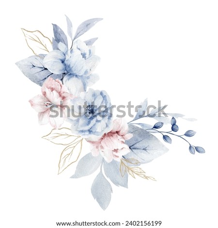 Watercolor floral wreath.  Dusty blue, pink flowers and branches. Winter blossom flower gentle clip art. Arrangement for wedding, invitations, cards, decoration, mothers day. 