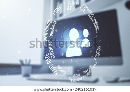 Creative abstract people icons hologram and modern desktop with pc on background, life and health insurance concept. Multi exposure
