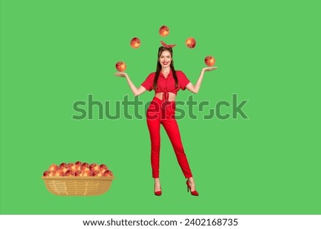 Creative collage picture of young adorable lady in red outfit with high heels throwing apples juggling isolated on green color background