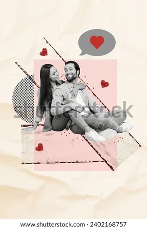 Vertical artwork poster collage sitting joyful couple love relationship feeling share enamoured valentine day celebration together Royalty-Free Stock Photo #2402168757