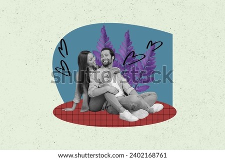 Creative collage picture black white effect lovely happy embrace couple sit draw heart unusual leaf romantic picnic colorful background