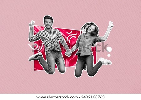 Creative collage picture illustration happy cheerful young couple lovers hold hand together jumping smiling drawing background