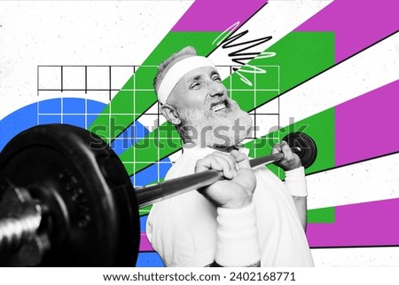 Creative collage picture illustration black white effect powerful diligent old man lifts heavy barbell comics abstract colorful background