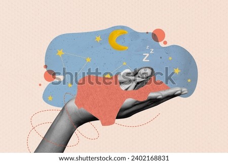 Creative picture collage of young female sleeping clasped palms closed eyes dreaming lying in bed isolated on beige color background