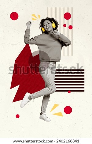Vertical picture art collage of positive youngster girl listen wired headphones have fun dancing isolated on gray color background