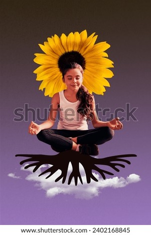 Composite collage picture image of funny little female meditation yoga sunflower bloom nature organic bizarre unusual fantasy billboard