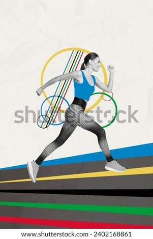 Vertical creative collage picture sporty strong happy young woman run competition olympic games runner fast ring stripe colorful sketch