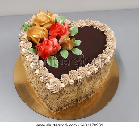 Birthday cake for grandma, heart shape decorated with marzipan flowers (not created by AI, adjusted contrast and colors in the photo program) Royalty-Free Stock Photo #2402170981