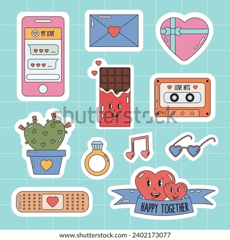 Groovy hippie love stickers. Collection of scrapbooking elements for valentines day. romantic themed holidays Valentine day pack. Romantic doodle vector icons for daily planner, diary.