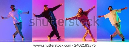 Collage made of four portraits of talented people, professional dancers moving, dancing in action against gradient background in neon light. Concept of youth, hobby, style, 90s era, fashion. Banner