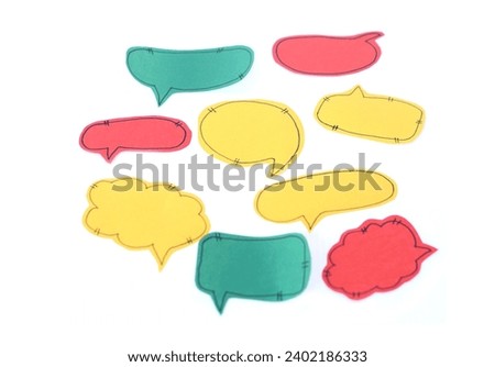 Colorful speech bubble paper  cards , white background. Concept, speaking. Communication. Teaching aid. Education materials. Blank for add text or words  in the bubbles.                        