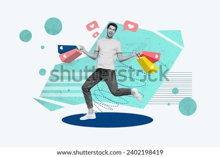 Creative collage illustration picture photo excited funky running guy hold packages hands boutique buyer white background