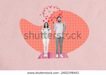 Creative collage picture illustration excited smile happy young couple show fingers up point cute draw cloud hearts fall down sketch