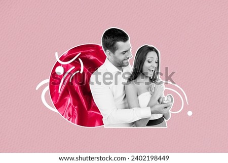 Creative picture illustration happy couple husband presents wedding ring spouses surprise married relationship pink background