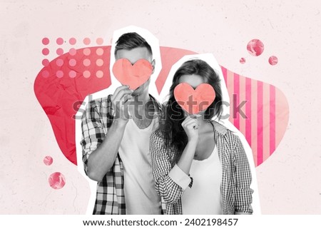 Creative collage picture illustration black white filter incognito unknown young couple hide face heart postcard pink red template