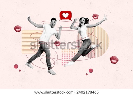 Collage picture illustration black white effect jump activity funny young couple heart kiss doodle like bound white red background