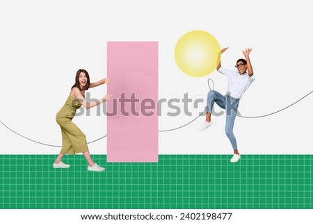 Collage picture of two young carefree girls having fun playing with different shape figures ball and cube isolated on white background