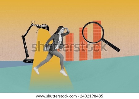 Abstract composite collage photo of clever smart woman run with laptop searching information in internet isolated on creative background