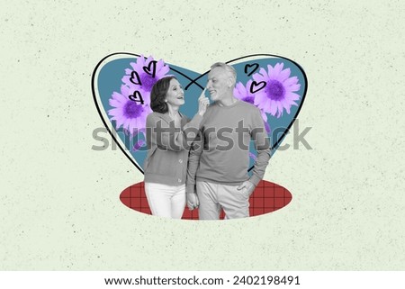 Creative collage picture illustration beautiful happy lovely elderly couple heart paint purple flower miniature abstract exclusive template