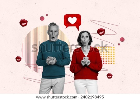 Creative collage picture illustration monochrome effect excited shocked surprised old family watch like news style kiss doodle background