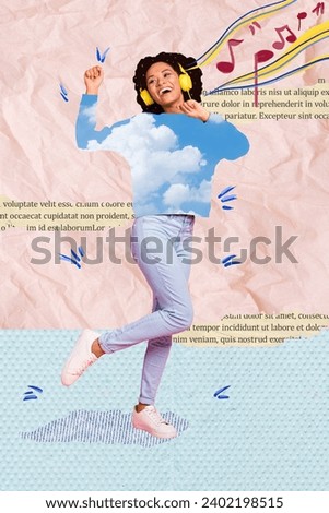 Placard image collage of cheerful girl listening 8d music modern wireless device stereo sound isolated on colorful drawing background