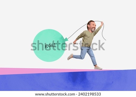 Collage picture of positive big head man arm hold goal balloon running forward isolated on creative white background Royalty-Free Stock Photo #2402198533