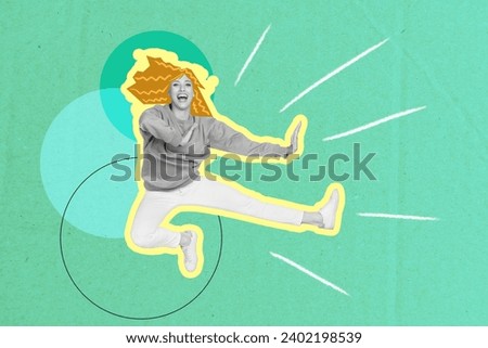 Collage image picture of joyful cheerful girl practicing training karate sport isolated on drawing teal color background