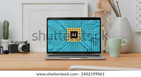 A new computer on a table running a picture of artificial intelligence AI on a chip board illustration background for text in light colors with modern furniture and things