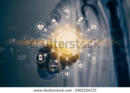 Doctor Touch Screen Yellow Hexagonal Globe and World or Earth and Medical Equipment Icon. Medical Technology,Innovation,Science and Healthcare Concept