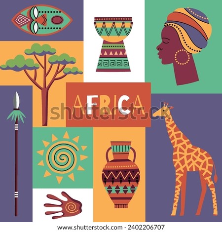 Decorative african patchwork poster. Colorful ethnic and traditional elements, tribal and natural items, trees and animals, vector concept.eps
