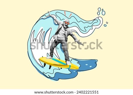 Collage image picture of crazy cheerful man surfing ocean waves isolated on drawing background