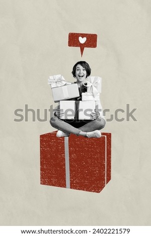 Vertical collage picture of astonished black white colors girl sit huge painted giftbox like notification isolated on paper background