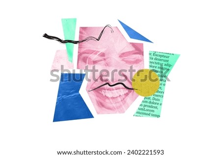 Creative absurd picture portrait collage image of young female laughing girlfriend puzzle completed isolated on white color background