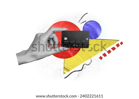 Photo collage picture black white arm holding credit card payment market store finance emoney consumer white background