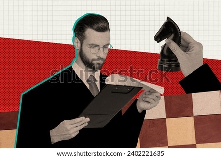 Creative drawing collage picture of serious businessman ceo working play chess business strategy billboard comics zine minimal concept